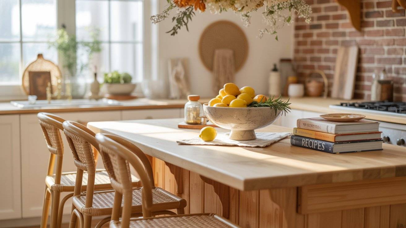 Sunlit Boho Kitchen Haven with Rattan Accents and Natural Light