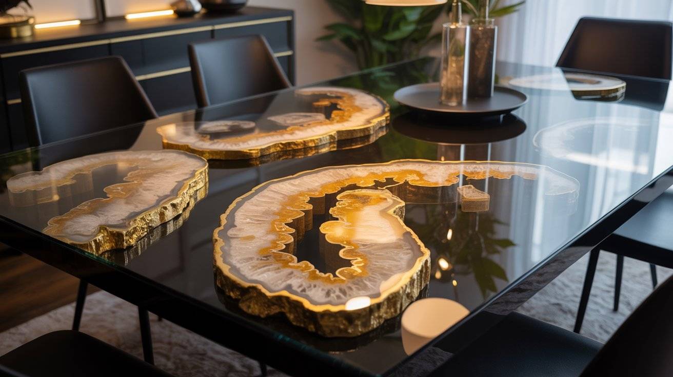 Luxury Gold Geode Epoxy Dining Table With Black Gloss Finish