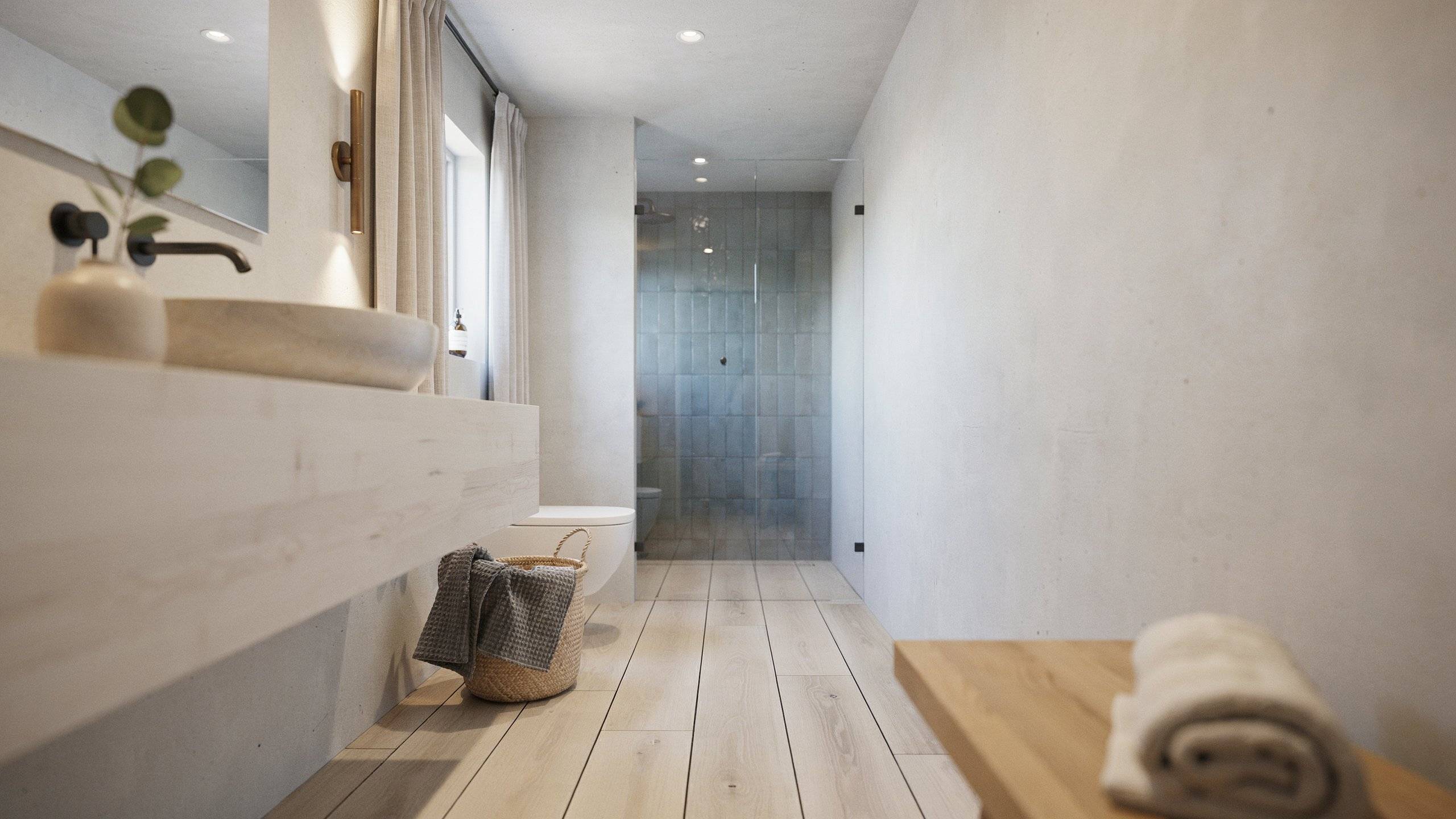Small Japandi Bathroom Ideas with Natural Wood Accents