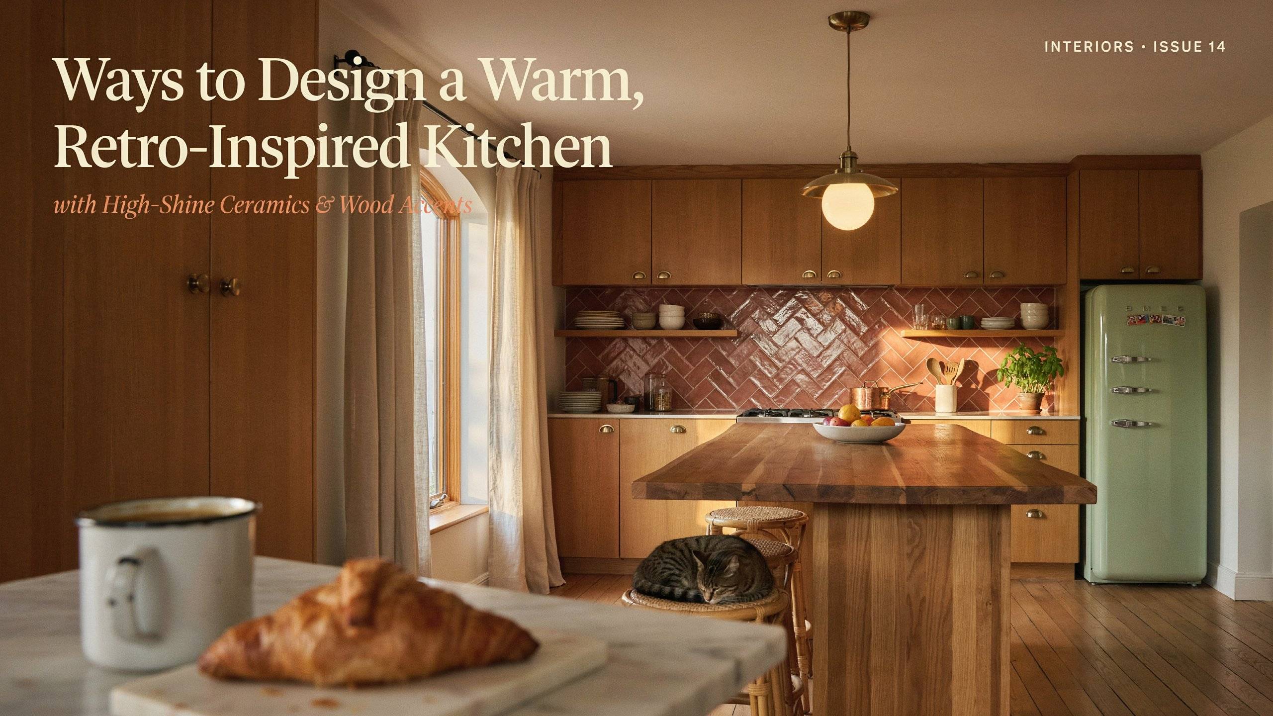 Ways to Design a Warm, Retro-Inspired Kitchen with High-Shine Ceramics and Wood Accents